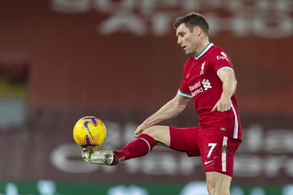 LIVERPOOL, ENGLAND - Wednesday, February 3, 2021: Liverpool's James Milner during the FA Premier League match between Liverpool FC and Brighton & Hove Albion FC at Anfield. (Pic by David Rawcliffe/Propaganda)