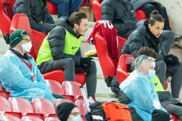 LIVERPOOL, ENGLAND - Wednesday, February 3, 2021: Liverpool's new signing Ben Davies sits on the bench as a substitute during the FA Premier League match between Liverpool FC and Brighton & Hove Albion FC at Anfield. (Pic by David Rawcliffe/Propaganda)