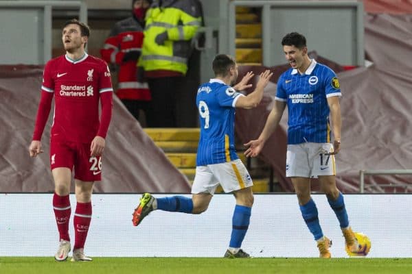 LIVERPOOL, ENGLAND - Wednesday, February 3, 2021: Brighton & Hove Albion's Steven Alzate celebrates after scoring the first goal during the FA Premier League match between Liverpool FC and Brighton & Hove Albion FC at Anfield. (Pic by David Rawcliffe/Propaganda)