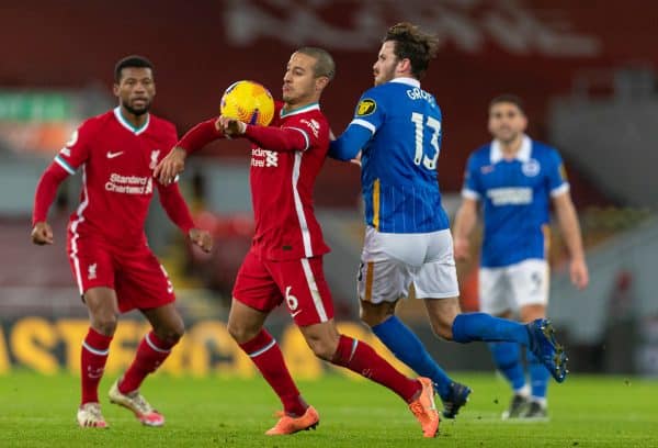 LIVERPOOL, ENGLAND - Wednesday, February 3, 2021: Liverpool's Thiago Alcantara (L) and Brighton & Hove Albion's Pascal Gross during the FA Premier League match between Liverpool FC and Brighton & Hove Albion FC at Anfield. (Pic by David Rawcliffe/Propaganda)