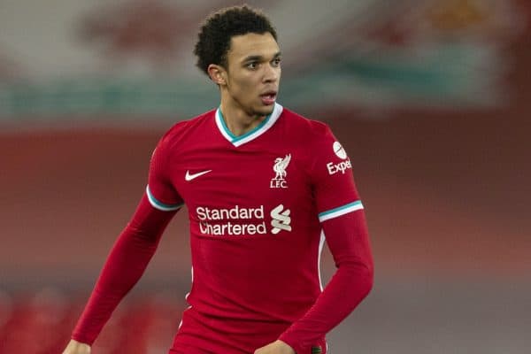 LIVERPOOL, ENGLAND - Wednesday, February 3, 2021: Liverpool's Trent Alexander-Arnold during the FA Premier League match between Liverpool FC and Brighton & Hove Albion FC at Anfield. (Pic by David Rawcliffe/Propaganda)