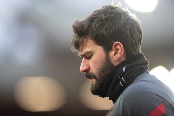 LIVERPOOL, ENGLAND - Sunday, February 7, 2021: Liverpool's goalkeeper Alisson Becker during the pre-match warm-up before the FA Premier League match between Liverpool FC and Manchester City FC at Anfield. (Pic by David Rawcliffe/Propaganda)