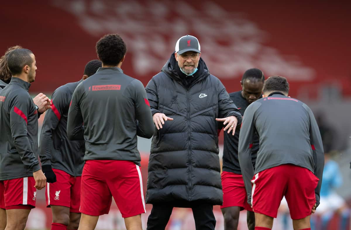 LIVERPOOL, ENGLAND - Sunday, February 7, 2021: Liverpool's manager Jürgen Klopp during the pre-match warm-up before the FA Premier League match between Liverpool FC and Manchester City FC at Anfield. (Pic by David Rawcliffe/Propaganda)