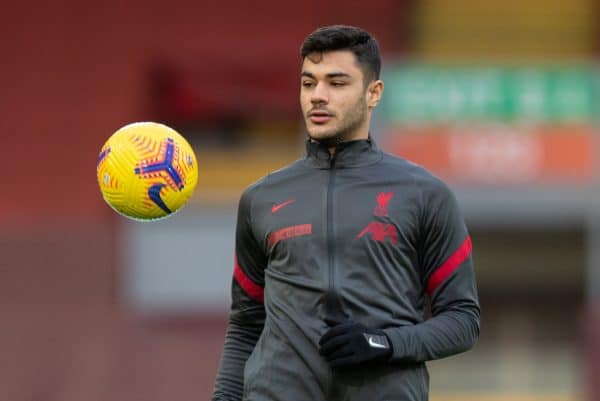 LIVERPOOL, ENGLAND - Sunday, February 7, 2021: Liverpool's Ozan Kabak during the pre-match warm-up before the FA Premier League match between Liverpool FC and Manchester City FC at Anfield. (Pic by David Rawcliffe/Propaganda)