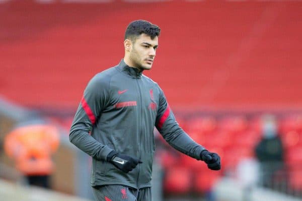 LIVERPOOL, ENGLAND - Sunday, February 7, 2021: Liverpool's Ozan Kabak during the pre-match warm-up before the FA Premier League match between Liverpool FC and Manchester City FC at Anfield. (Pic by David Rawcliffe/Propaganda)