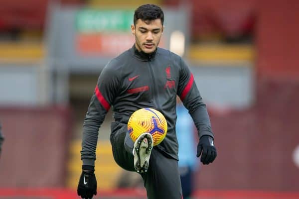 LIVERPOOL, ENGLAND - Sunday, February 7, 2021: Liverpool's Ozan Kabak during the pre-match warm-up before the FA Premier League match between Liverpool FC and Manchester City FC at Anfield. (Pic by David Rawcliffe/Propaganda)