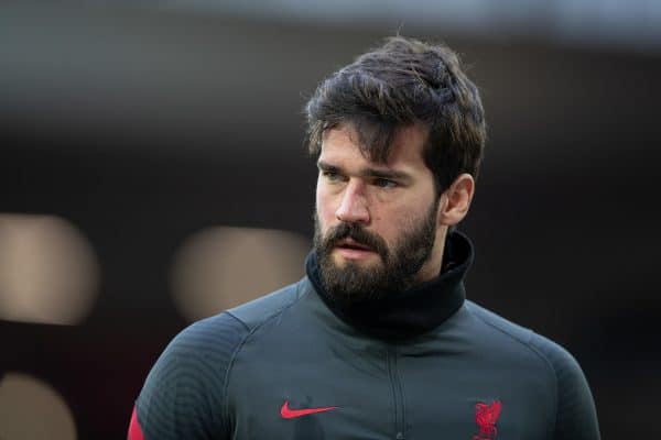 LIVERPOOL, ENGLAND - Sunday, February 7, 2021: Liverpool's goalkeeper Alisson Becker during the pre-match warm-up before the FA Premier League match between Liverpool FC and Manchester City FC at Anfield. (Pic by David Rawcliffe/Propaganda)