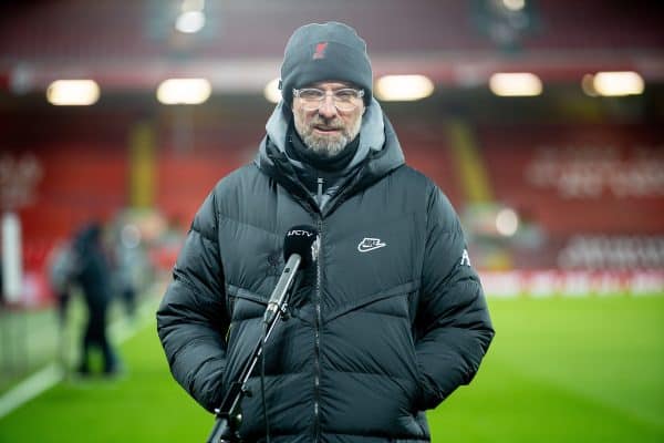 LIVERPOOL, ENGLAND - Sunday, February 7, 2021: Liverpool's manager Jürgen Klopp is interviewed after the FA Premier League match between Liverpool FC and Manchester City FC at Anfield. (Pic by David Rawcliffe/Propaganda)