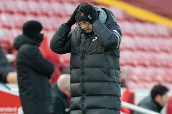 LIVERPOOL, ENGLAND - Sunday, February 7, 2021: Liverpool's manager Jürgen Klopp reacts during the FA Premier League match between Liverpool FC and Manchester City FC at Anfield. (Pic by David Rawcliffe/Propaganda)