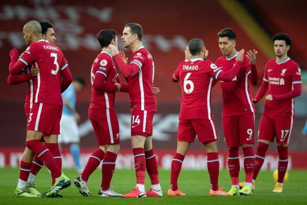 LIVERPOOL, ENGLAND - Sunday, February 7, 2021: Liverpool's captain Jordan Henderson and team-mates before the FA Premier League match between Liverpool FC and Manchester City FC at Anfield. (Pic by David Rawcliffe/Propaganda)