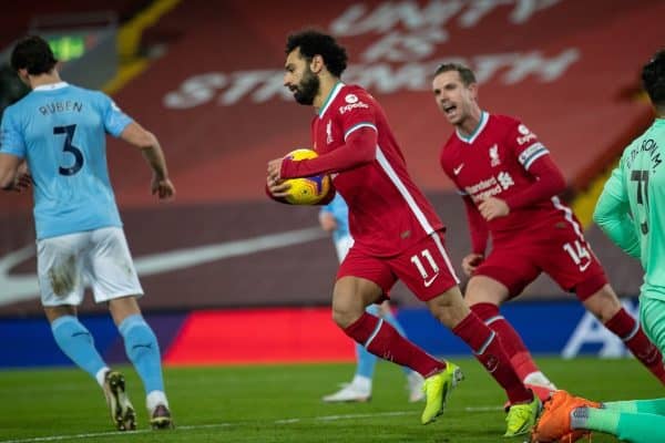 LIVERPOOL, ENGLAND - Sunday, February 7, 2021: Liverpool's Mohamed Salah celebrates after scoring the first equalising goal from a penalty kick during the FA Premier League match between Liverpool FC and Manchester City FC at Anfield. (Pic by David Rawcliffe/Propaganda)