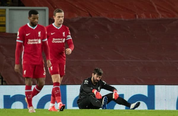 LIVERPOOL, ENGLAND - Sunday, February 7, 2021: Liverpool's goalkeeper Alisson Becker looks dejected as Manchester City score the second goal during the FA Premier League match between Liverpool FC and Manchester City FC at Anfield. (Pic by David Rawcliffe/Propaganda)