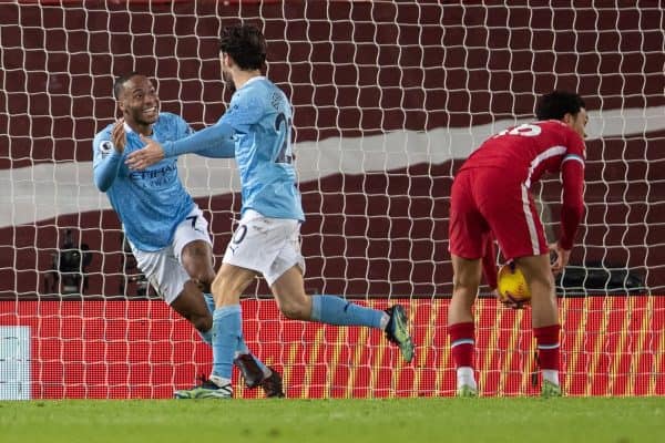 LIVERPOOL, ENGLAND - Sunday, February 7, 2021: Manchester City's Raheem Sterling celebrates after scoring the third goal during the FA Premier League match between Liverpool FC and Manchester City FC at Anfield. (Pic by David Rawcliffe/Propaganda)