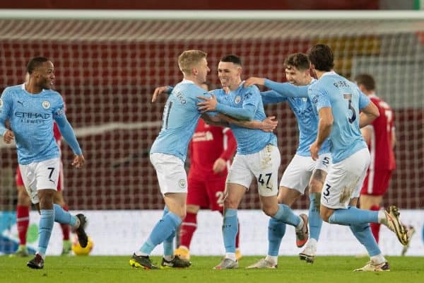 LIVERPOOL, ENGLAND - Sunday, February 7, 2021: Manchester City's Phil Foden celebrates after scoring the fourth goal during the FA Premier League match between Liverpool FC and Manchester City FC at Anfield. (Pic by David Rawcliffe/Propaganda)