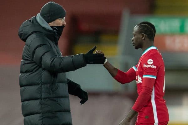 LIVERPOOL, ENGLAND - Sunday, February 7, 2021: Liverpool's manager Jürgen Klopp and Sadio Mané after the FA Premier League match between Liverpool FC and Manchester City FC at Anfield. Manchester City won 4-1. (Pic by David Rawcliffe/Propaganda)