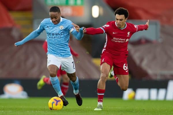 LIVERPOOL, ENGLAND - Sunday, February 7, 2021: Manchester City's Raheem Sterling (L) and Liverpool's Trent Alexander-Arnold during the FA Premier League match between Liverpool FC and Manchester City FC at Anfield. (Pic by David Rawcliffe/Propaganda)