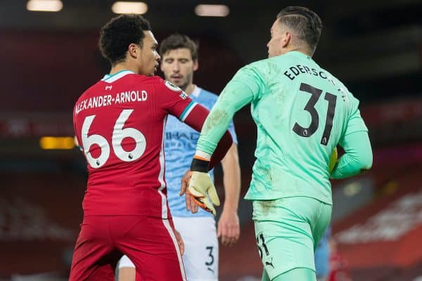 LIVERPOOL, ENGLAND - Sunday, February 7, 2021: Manchester City's goalkeeper Ederson Santana de Moraes challenges Liverpool's Trent Alexander-Arnold during the FA Premier League match between Liverpool FC and Manchester City FC at Anfield. (Pic by David Rawcliffe/Propaganda)