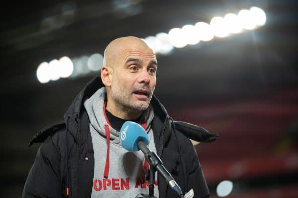 LIVERPOOL, ENGLAND - Sunday, February 7, 2021: Manchester City's manager Josep 'Pep' Guardiola is interviewed after the FA Premier League match between Liverpool FC and Manchester City FC at Anfield. (Pic by David Rawcliffe/Propaganda)