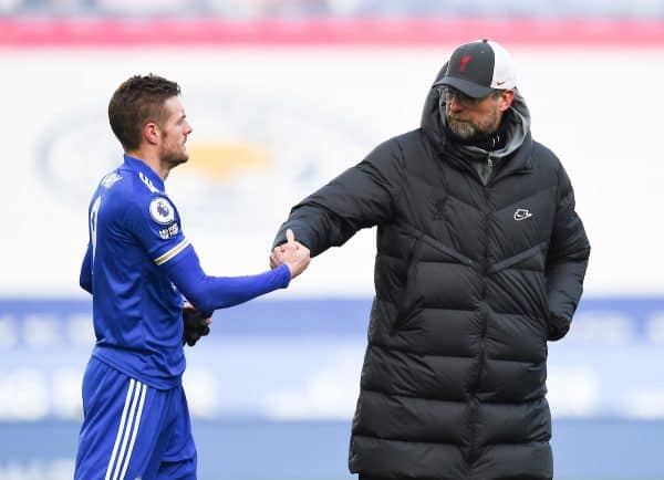 LEICESTER, ENGLAND - Saturday, February 13, 2021: Liverpool's manager Jürgen Klopp and Leicester City's Jamie Vardy after the FA Premier League match between Leicester City FC and Liverpool FC at the King Power Stadium. Leicester City won 3-1. (Pic by Propaganda)