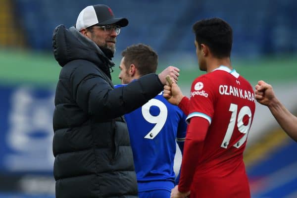 LEICESTER, ENGLAND - Saturday, February 13, 2021: Liverpool's manager Jürgen Klopp and Ozan Kabak after the FA Premier League match between Leicester City FC and Liverpool FC at the King Power Stadium. Leicester City won 3-1. (Pic by Propaganda)