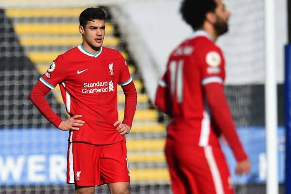 LEICESTER, ENGLAND - Saturday, February 13, 2021: Liverpool's Ozan Kabak looks dejected after Leicester City score the third goal during the FA Premier League match between Leicester City FC and Liverpool FC at the King Power Stadium. Leicester City won 3-1. (Pic by Propaganda)