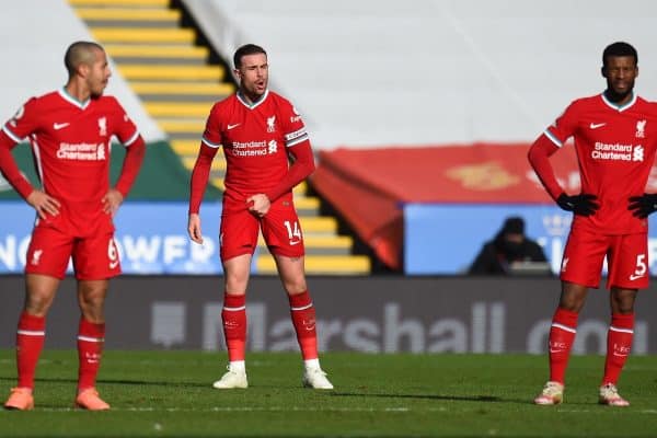 LEICESTER, ENGLAND - Saturday, February 13, 2021: Liverpool's captain Jordan Henderson looks dejected after Leicester City score the third goal during the FA Premier League match between Leicester City FC and Liverpool FC at the King Power Stadium. Leicester City won 3-1. (Pic by Propaganda)