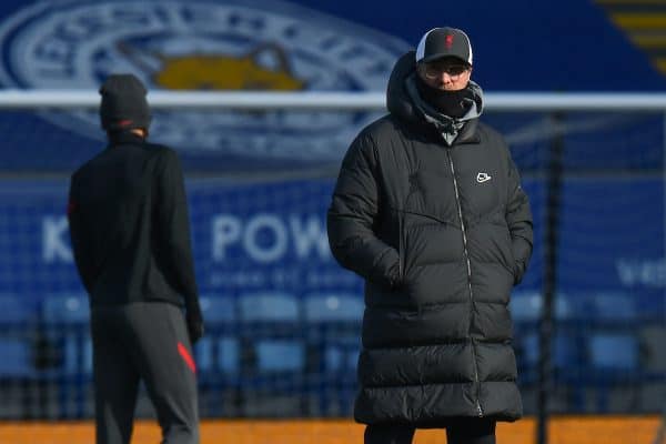 LEICESTER, ENGLAND - Saturday, February 13, 2021: Liverpool's manager Jürgen Klopp during the pre-match warm-up before the FA Premier League match between Leicester City FC and Liverpool FC at the King Power Stadium. (Pic by Propaganda)