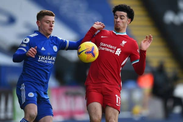 LEICESTER, ENGLAND - Saturday, February 13, 2021: Liverpool's Curtis Jones during the FA Premier League match between Leicester City FC and Liverpool FC at the King Power Stadium. (Pic by Propaganda)