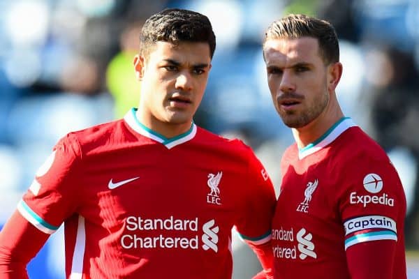 LEICESTER, ENGLAND - Saturday, February 13, 2021: Liverpool's Ozan Kabak (L) and captain Jordan Henderson during the FA Premier League match between Leicester City FC and Liverpool FC at the King Power Stadium. (Pic by Propaganda)