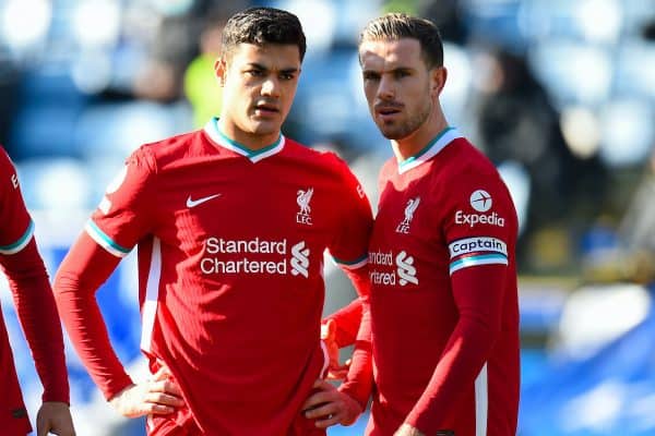 LEICESTER, ENGLAND - Saturday, February 13, 2021: Liverpool's Ozan Kabak (L) and captain Jordan Henderson during the FA Premier League match between Leicester City FC and Liverpool FC at the King Power Stadium. (Pic by Propaganda)