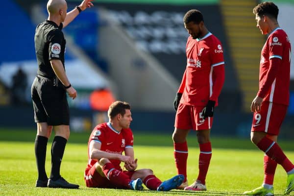 LEICESTER, ENGLAND - Saturday, February 13, 2021: Liverpool's James Milner goes down injured during the FA Premier League match between Leicester City FC and Liverpool FC at the King Power Stadium. (Pic by Propaganda)