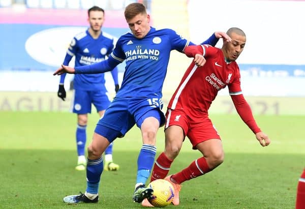 LEICESTER, ENGLAND - Saturday, February 13, 2021: Liverpool's Thiago Alcantara (R) and Leicester City's Harvey Barnes during the FA Premier League match between Leicester City FC and Liverpool FC at the King Power Stadium. (Pic by Propaganda)