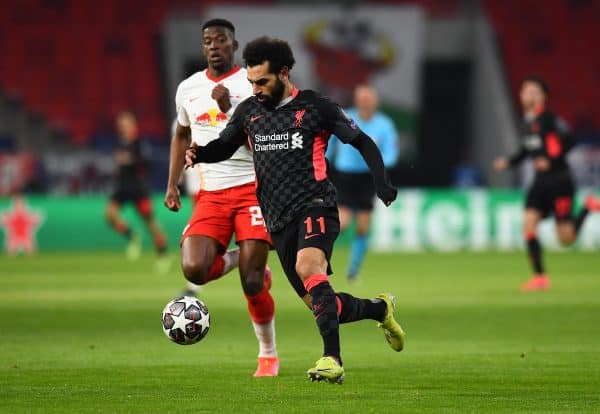 BUDAPEST, HUNGARY - Tuesday, February 16, 2021: Liverpool's Mohamed Salah during the UEFA Champions League Round of 16 1st Leg game between RB Leipzig and Liverpool FC at the Puskás Aréna. (Pic by Propaganda)