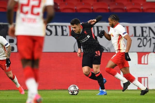 BUDAPEST, HUNGARY - Tuesday, February 16, 2021: Liverpool's Ozan Kabak during the UEFA Champions League Round of 16 1st Leg game between RB Leipzig and Liverpool FC at the Puskás Aréna. (Pic by Propaganda)