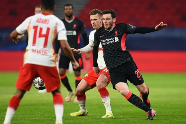 BUDAPEST, HUNGARY - Tuesday, February 16, 2021: Liverpool's Andy Robertson during the UEFA Champions League Round of 16 1st Leg game between RB Leipzig and Liverpool FC at the Puskás Aréna. (Pic by Propaganda)