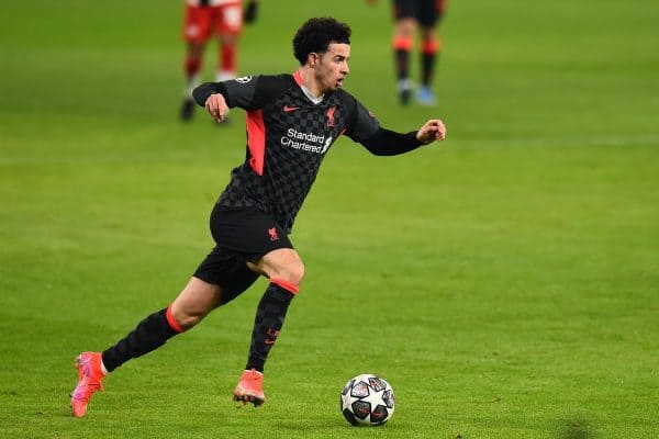 BUDAPEST, HUNGARY - Tuesday, February 16, 2021: Liverpool's Curtis Jones during the UEFA Champions League Round of 16 1st Leg game between RB Leipzig and Liverpool FC at the Puskás Aréna. (Pic by Propaganda)