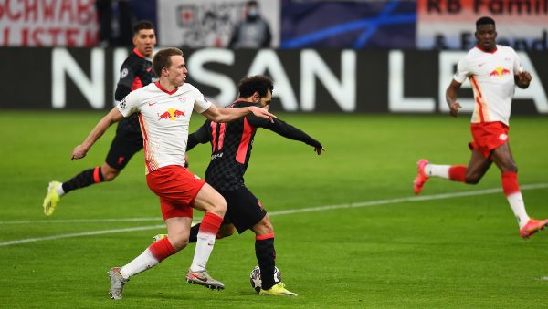 BUDAPEST, HUNGARY - Tuesday, February 16, 2021: Liverpool's Mohamed Salah scores the first goal during the UEFA Champions League Round of 16 1st Leg game between RB Leipzig and Liverpool FC at the Puskás Aréna. (Pic by Propaganda)