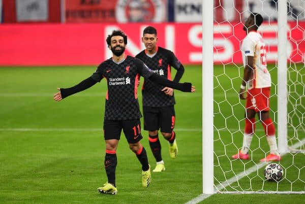 BUDAPEST, HUNGARY - Tuesday, February 16, 2021: Liverpool's Mohamed Salah celebrates after scoring the first goal during the UEFA Champions League Round of 16 1st Leg game between RB Leipzig and Liverpool FC at the Puskás Aréna. (Pic by Propaganda)