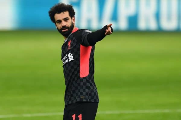 BUDAPEST, HUNGARY - Tuesday, February 16, 2021: Liverpool's Mohamed Salah celebrates after scoring the first goal during the UEFA Champions League Round of 16 1st Leg game between RB Leipzig and Liverpool FC at the Puskás Aréna. (Pic by Propaganda)