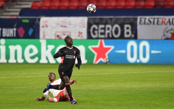 BUDAPEST, HUNGARY - Tuesday, February 16, 2021: Liverpool's Sadio Mané runs through to score the second goal during the UEFA Champions League Round of 16 1st Leg game between RB Leipzig and Liverpool FC at the Puskás Aréna. (Pic by Propaganda)