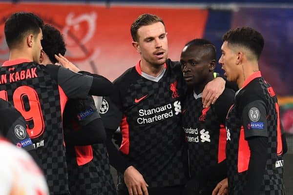 BUDAPEST, HUNGARY - Tuesday, February 16, 2021: Liverpool's Sadio Mané celebrates with team-mates after scoring the second goal during the UEFA Champions League Round of 16 1st Leg game between RB Leipzig and Liverpool FC at the Puskás Aréna. (Pic by Propaganda)