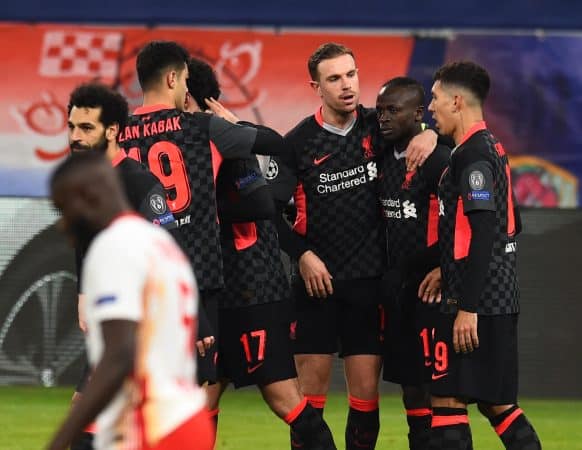 BUDAPEST, HUNGARY - Tuesday, February 16, 2021: Liverpool's Sadio Mané celebrates with team-mates after scoring the second goal during the UEFA Champions League Round of 16 1st Leg game between RB Leipzig and Liverpool FC at the Puskás Aréna. (Pic by Propaganda)