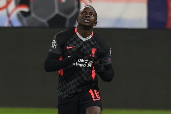 BUDAPEST, HUNGARY - Tuesday, February 16, 2021: Liverpool's Sadio Mané celebrates after scoring the second goal during the UEFA Champions League Round of 16 1st Leg game between RB Leipzig and Liverpool FC at the Puskás Aréna. (Pic by Propaganda)