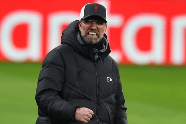 BUDAPEST, HUNGARY - Tuesday, February 16, 2021: Liverpool's manager Jürgen Klopp reacts during the UEFA Champions League Round of 16 1st Leg game between RB Leipzig and Liverpool FC at the Puskás Aréna. (Pic by Propaganda)