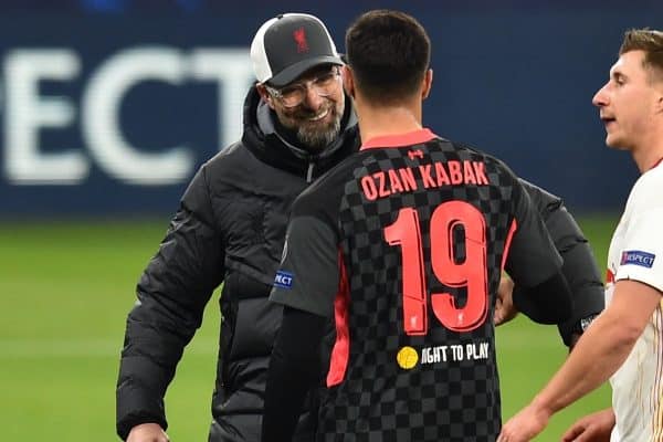 BUDAPEST, HUNGARY - Tuesday, February 16, 2021: Liverpool's manager Jürgen Klopp (L) and RB Leipzig's Alexander Sørloth after the UEFA Champions League Round of 16 1st Leg game between RB Leipzig and Liverpool FC at the Puskás Aréna. (Pic by Propaganda)