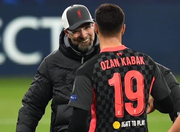 BUDAPEST, HUNGARY - Tuesday, February 16, 2021: Liverpool's manager Jürgen Klopp (L) and RB Leipzig's Alexander Sørloth after the UEFA Champions League Round of 16 1st Leg game between RB Leipzig and Liverpool FC at the Puskás Aréna. (Pic by Propaganda)