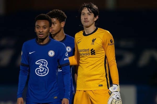 KINGSTON-UPON-THAMES, ENGLAND - Friday, February 19, 2021: Liverpool's goalkeeper Marcelo Pitaluga during the Premier League 2 Division 1 match between Chelsea FC Under-23's and Liverpool FC Under-23's at the Kingsmeadow Stadium. (Pic by David Rawcliffe/Propaganda)