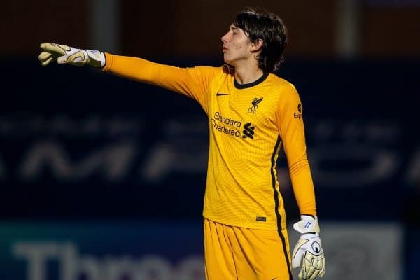 KINGSTON-UPON-THAMES, ENGLAND - Friday, February 19, 2021: Liverpool's goalkeeper Marcelo Pitaluga during the Premier League 2 Division 1 match between Chelsea FC Under-23's and Liverpool FC Under-23's at the Kingsmeadow Stadium. (Pic by David Rawcliffe/Propaganda)