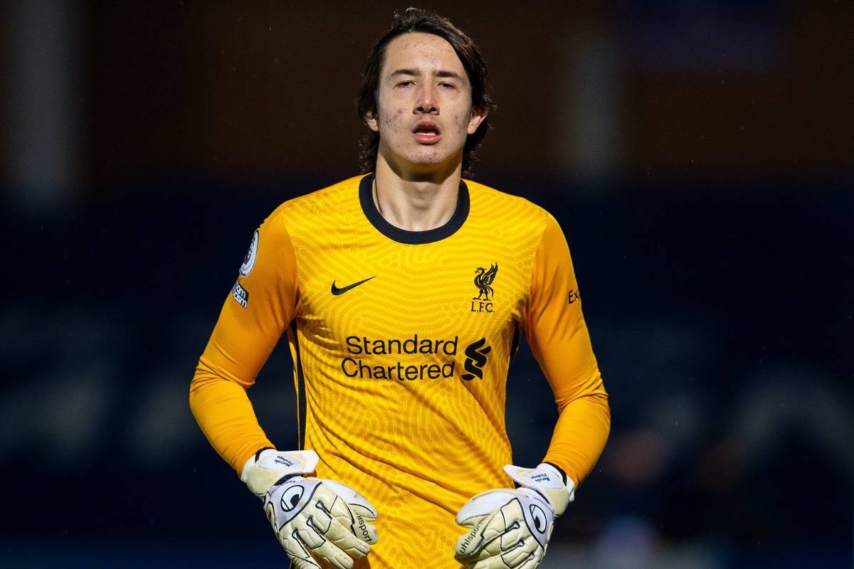 KINGSTON-UPON-THAMES, ENGLAND - Friday, February 19, 2021: Liverpool's goalkeeper Marcelo Pitaluga during the Premier League 2 Division 1 match between Chelsea FC Under-23's and Liverpool FC Under-23's at the Kingsmeadow Stadium. (Pic by David Rawcliffe/Propaganda)