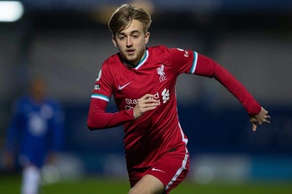 KINGSTON-UPON-THAMES, ENGLAND - Friday, February 19, 2021: Liverpool's Jake Cain during the Premier League 2 Division 1 match between Chelsea FC Under-23's and Liverpool FC Under-23's at the Kingsmeadow Stadium. (Pic by David Rawcliffe/Propaganda)